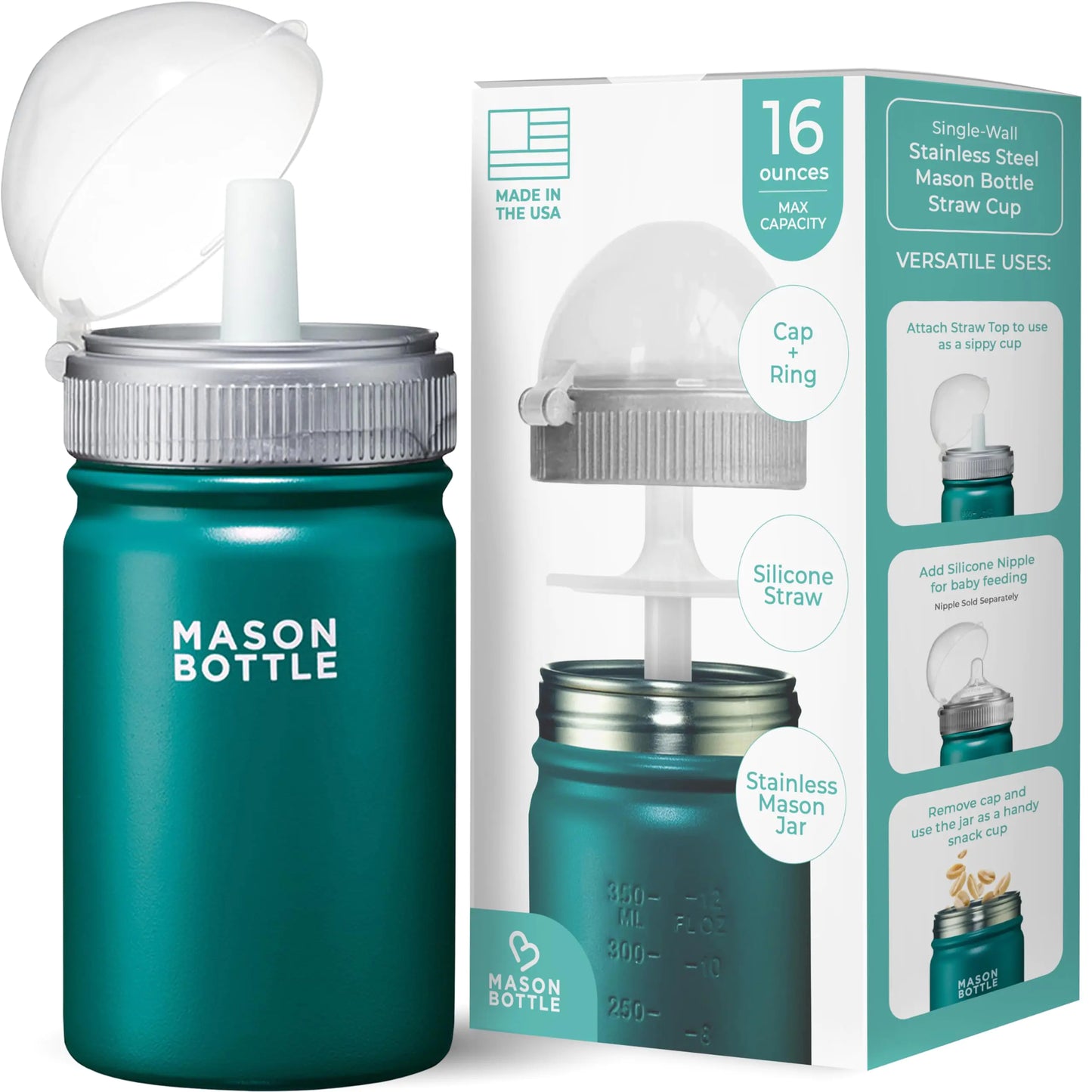 Mason Bottle Kids Mason Jar Cup with Lid and Straw - 16oz Stainless Steel Sippy Cup - BPA-Free Spill Proof Toddler Tumbler - Regular-Mouth Single-Wall Snack Cup Smoothie Cup for Kids (Green)